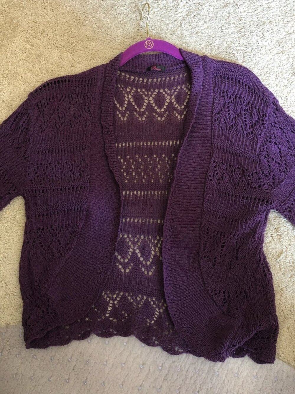 Bina Womens Purple Crochet Open Knit Cardigan Sweater Short Sleeve One Size